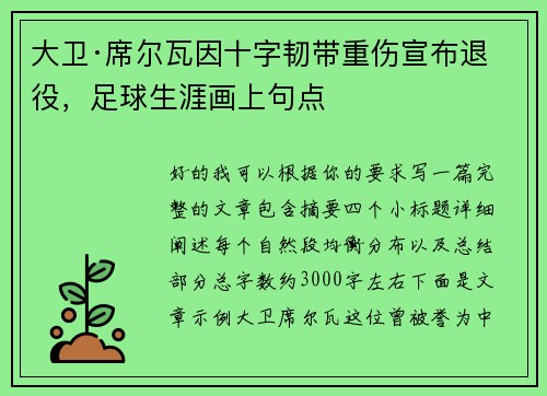 大卫·席尔瓦因十字韧带重伤宣布退役，足球生涯画上句点