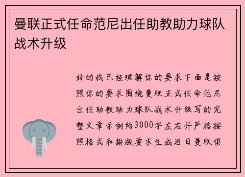 曼联正式任命范尼出任助教助力球队战术升级 曼联正式任命范尼出任助教助力球队战术升级